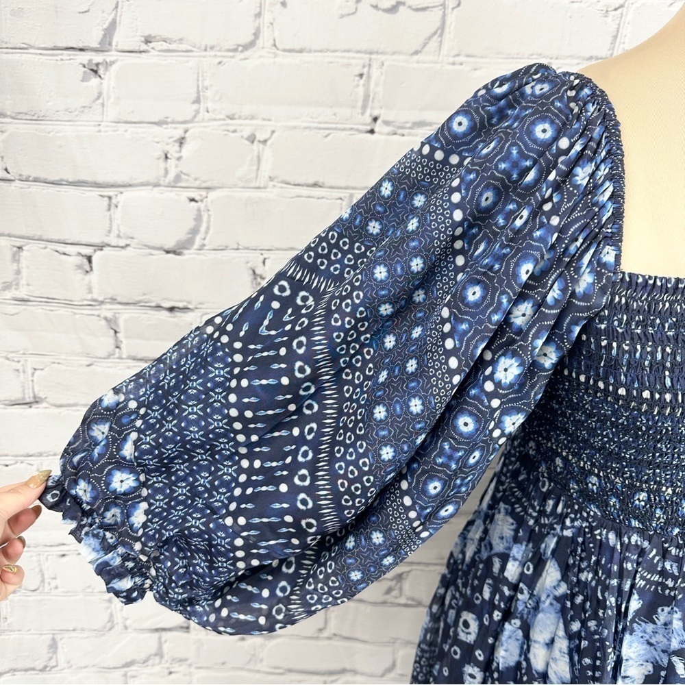 Hale Bob Ilona Silk Chiffon Maxi Dress Floral Small Navy Smocked Puff Sleeve - Picture 8 of 16